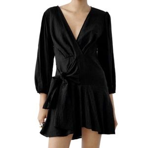 Zara Black Mini Wrap Long Sleeve V-Neck Dress With Bow Detail
